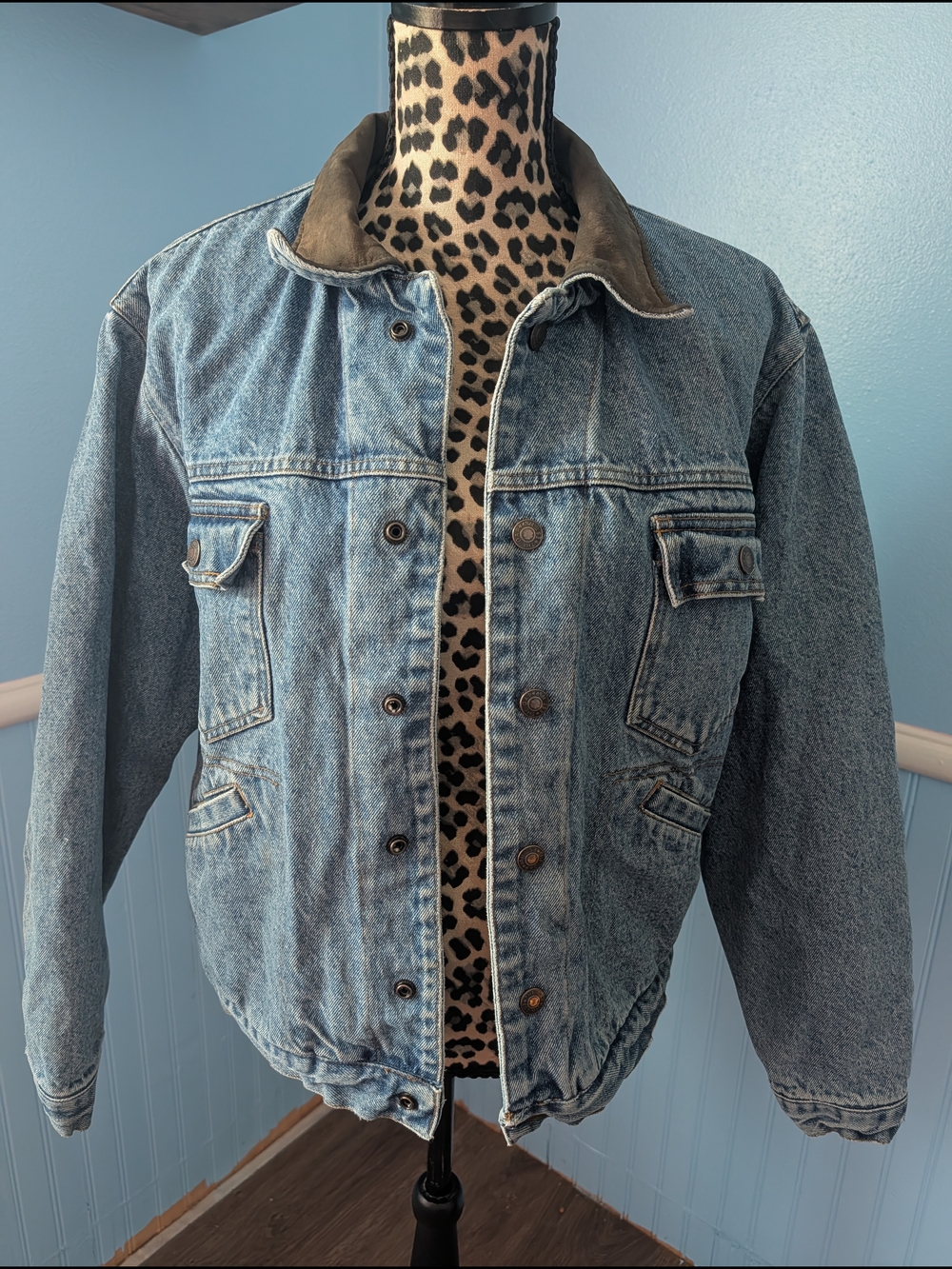 Vintage GAP Denim Jacket with Leather Collar And Sherpa Lining
